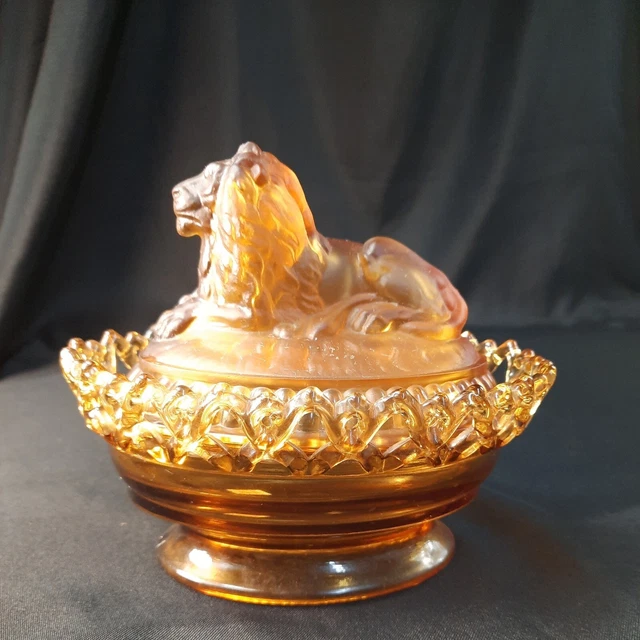 VINTAGE AMBER IMPERIAL Glass Lion On A Nest Candy Dish Lidded Satin