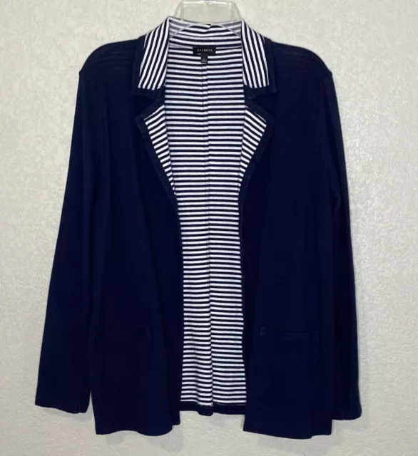 Talbots Knit Blazer Size L Navy Blue White Stripe Collar Light Jacket Nautical