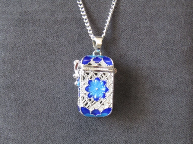 Prayer Box Blue Enamel and Silver Plated Pendant & Necklace Stunning!