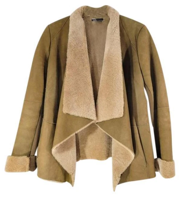 Women's Vince Tan Spanish Merino Shearling Lamb Draped Waterfall Jacket Size S