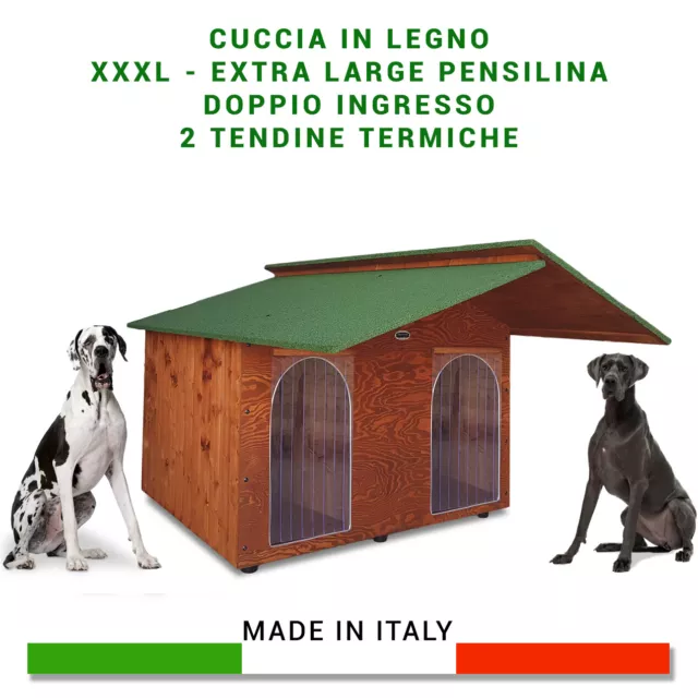 Cuccia in legno XXXL Pensilina con doppio ingresso + 2 T per cani cane taglia xl