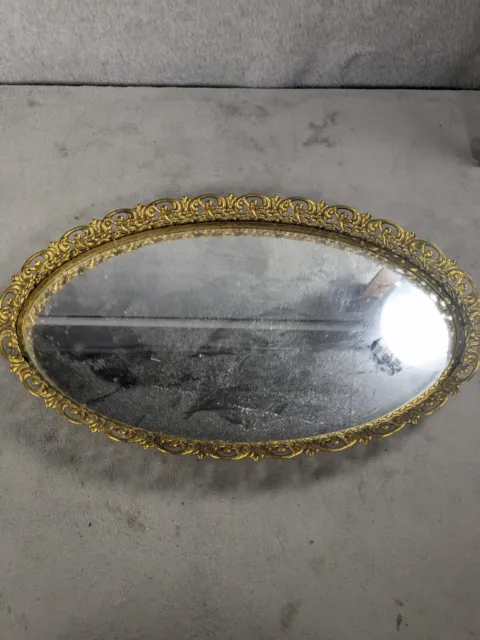 Vintage Mirror Tray Gold Tone Filigree Ornate 15" Oval Mirrored Vanity Perfume