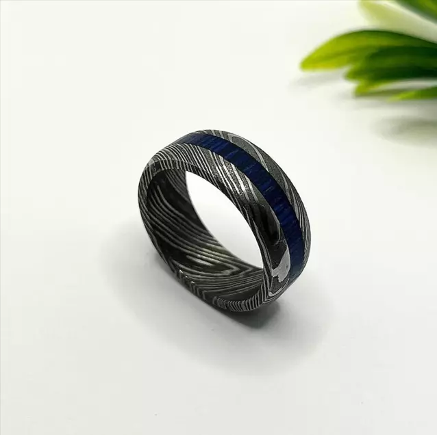 Damascus Steel Ring with Blue Wood Inlay - Unique Men's and Women's Wedding