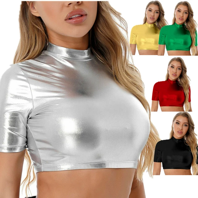 Women Wet Look Metallic Mock Neck Crop Top Zipper Back Short Sleeve T-Shirt Top