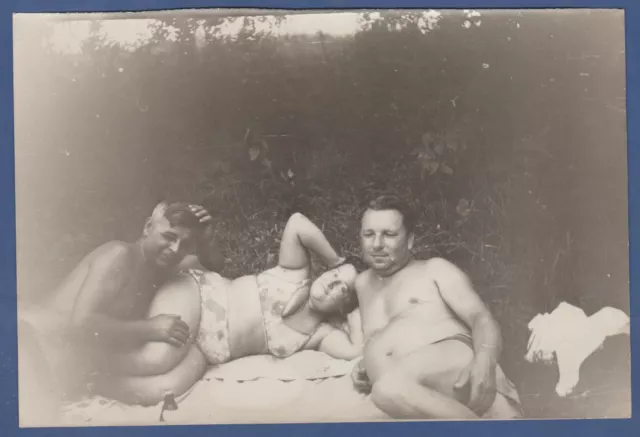 Guys in trunks with naked torso lying with a girl Soviet Vintage Photo USSR