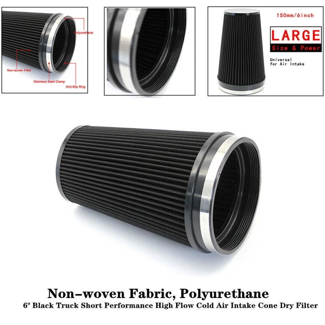 6"Black Truck Short Performance High Flow Cold Air Intake Cone Dry Filter Trim