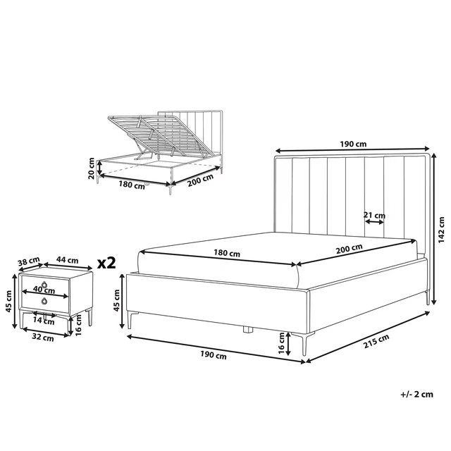 Ensemble de Chambre à Coucher Lit Double 180 x 200 cm avec Coffre et 2 Tables d 3
