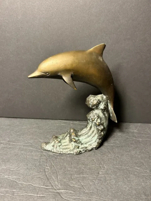Bronze Or Brass Dolphin Sculpture Jumping Wave Metal Fish Swimming Waves Art