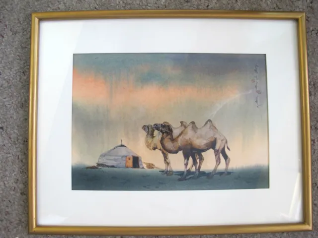 Framed MIDDLE EASTERN Script Watercolor Desert Painting of CAMELS & Tent
