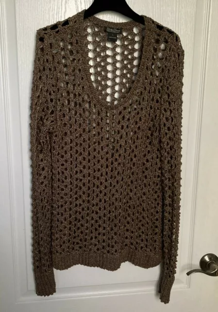 Lucky Brand Womens Long Sleeve Crochet Knit Sweater Size L Top Blouse Boho EUC