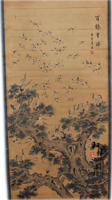 Rare antique chinese museum painting scroll/Baihe diagram/百鹤图