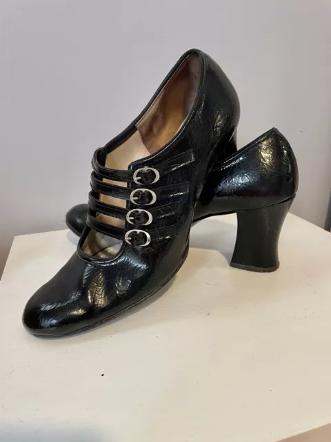 VTG True Hippy Boho Mary Jane Chunky Heal Black Patent Leather Shoes Sz 8.5