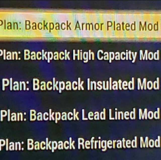 FIVE BACKPACK MOD plans High/Armor/Refrig/Lead/Insulated Fallout 76