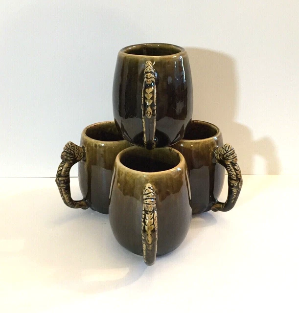 4 Vtg Thai Celadon DRAGON Handled Mugs Brown Glaze Asian Thailand Pottery Heavy