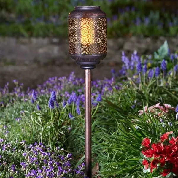 Set of 2 Solar Powered Bronze Effect Flaming Torches Outdoor Garden Lighting