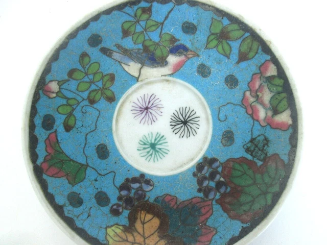 ANTIQUE 19thC JAPANESE MEIJI SIGNED TOTAI SHIPPO CLOISONNE PORCELAIN BIRD SAUCER