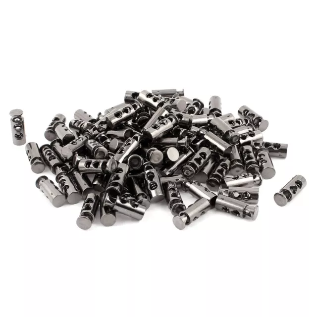 100 Pcs Gray Spring Loaded 5mm Dia Dual Holes Cord Locks Stoppers Toggles