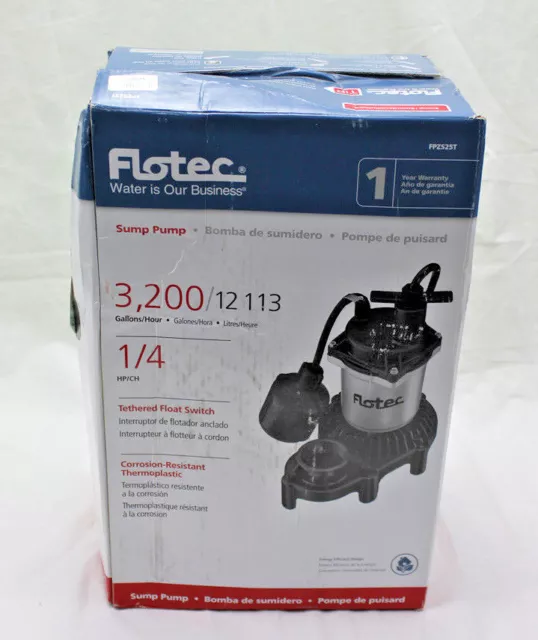 Bomba de sumidero termoplástica sumergible Flotec 1/4 HP #FPZS25T nueva en caja