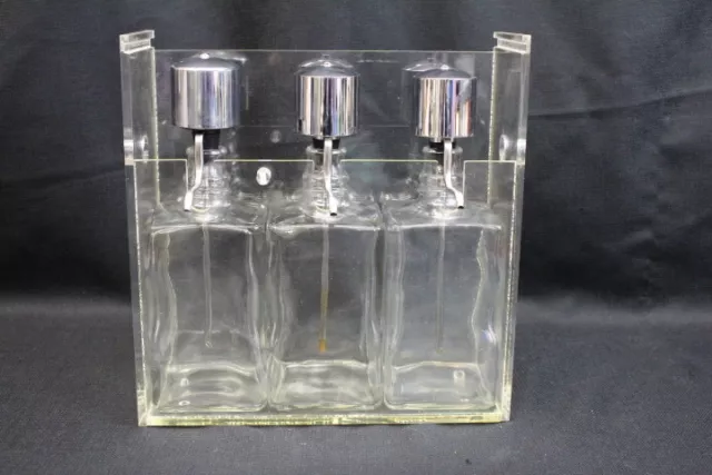 Support vintage comptoir en sirop plexiglas avec 3 bouteilles de pompe en verre 8 pouces carrés