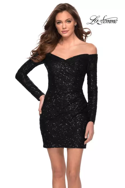 La Femme Womens Sequin Off-The-Shoulder Long Sleeve Mini Dress Black Size 8 NWT