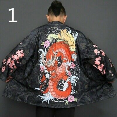 Uomo Giapponese Yukata Giacca Kimono Giacca Vintage Maglia Larga Caldo Dragon