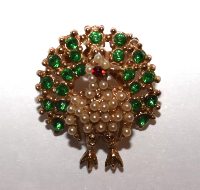 Vintage Peacock Faux Pearl Body Red Eyed Green Rhinestone Feathers Small Pin