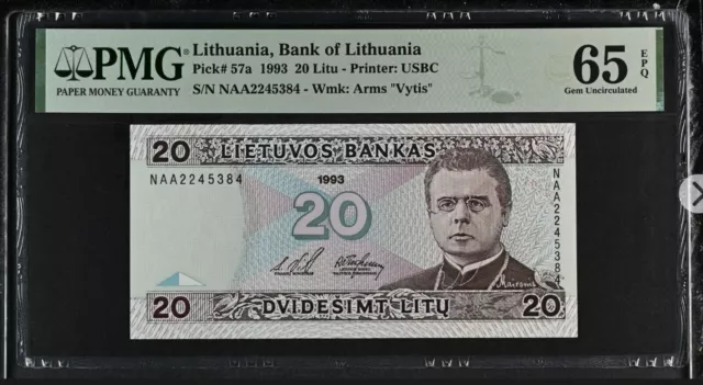 LITHUANIA 20 litu 1993, UNC, P57, PMG65