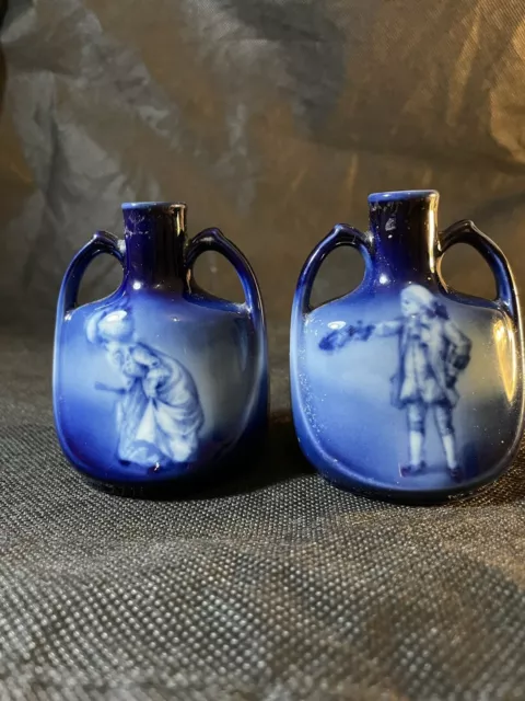 Vintage Very Rare Pair Of Royal Bayreuth Bavaria Small Blue Vases Man And Woman.