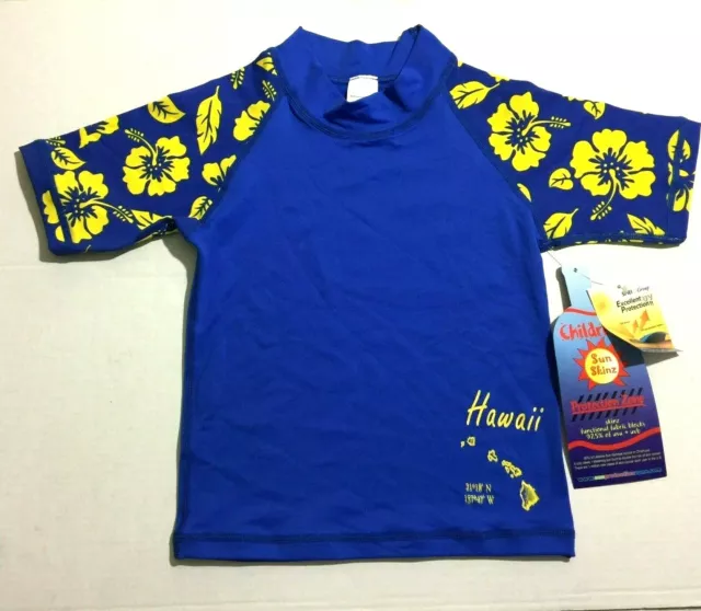 Sun Skinz Kids Rash Guard Swim Shirt Sz Medium Swimming Blue Hawaii Hibiscus