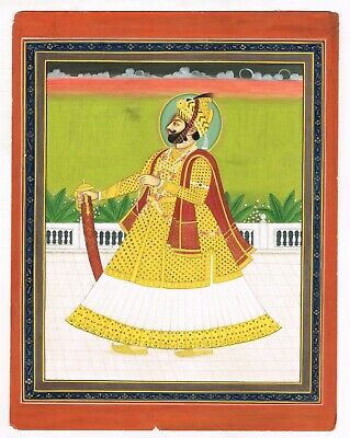 Miniature Portrait Peintures De Maharaja Sawai Jagat Singh Vintage Art On Papier