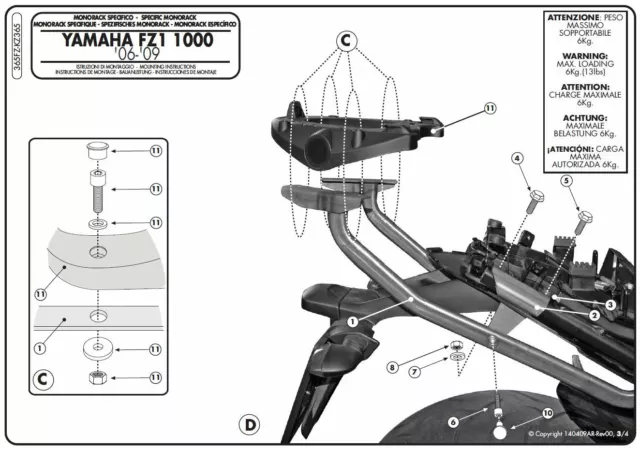 365FZ GIVI Ataque Trasero Bauletto para Yamaha FZ1 2011 2012 2013 2014 2015