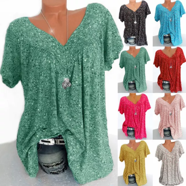 Womens Casual Printed Short Sleeve V-neck T-shirt Blouses Summer Tops Plus Size 3