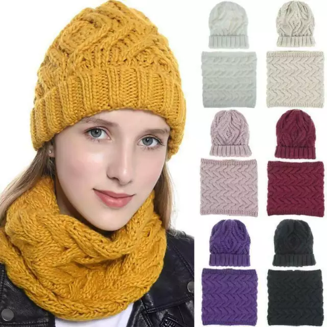 Womens Solid Beanie Hat Scarf Neck Warmer Set Knitted Winter Warm Snow Ski Caps