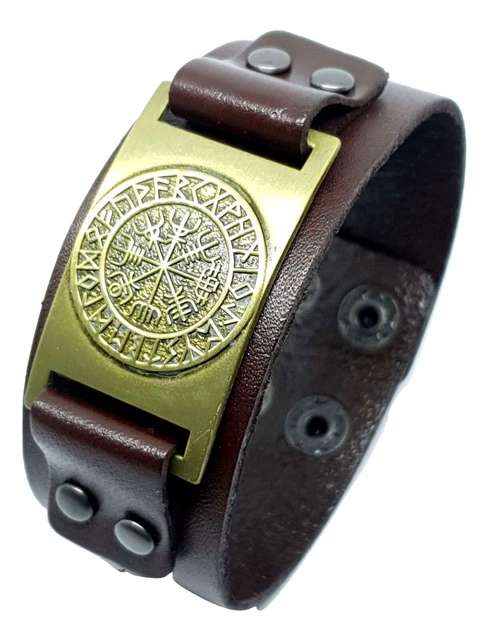 Vegvisir Bracelet Leather Cuff Viking Gold Tone Magic Stave Compass Rune Sigil