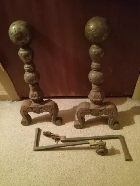 Vintage Brass(?) & Cast Iron(?) Set Of Andirons Heavy 8"X 18" Fireplace Antique