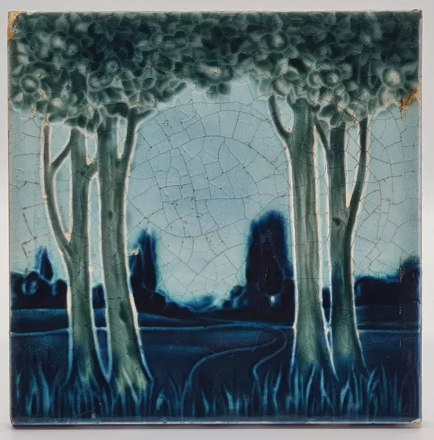 Art Nouveau Fireplace Tile Landscape Majolica Henry Richards C1905 AE5