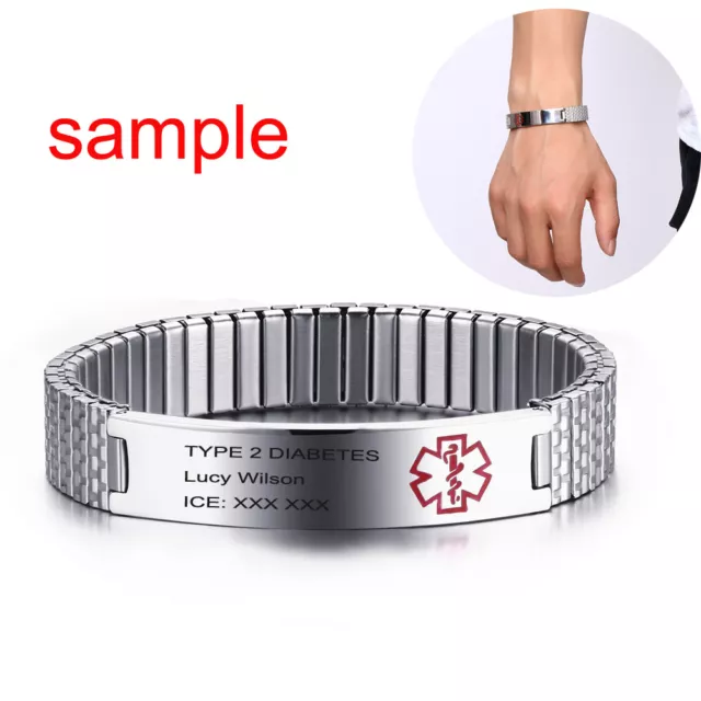 Stretch Women Medical Alert ID Cuff Bracelet Watch Band Cuff Customize Engraving