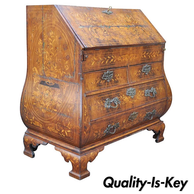 18th C. Dutch Marquetry Inlay Drop Front Secretary Desk Bombe Commode Secretaire