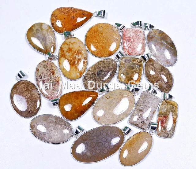 Grand Lot Naturel Multi Fossil Corail Mix Stone Plaqué Argent Pendentif P150