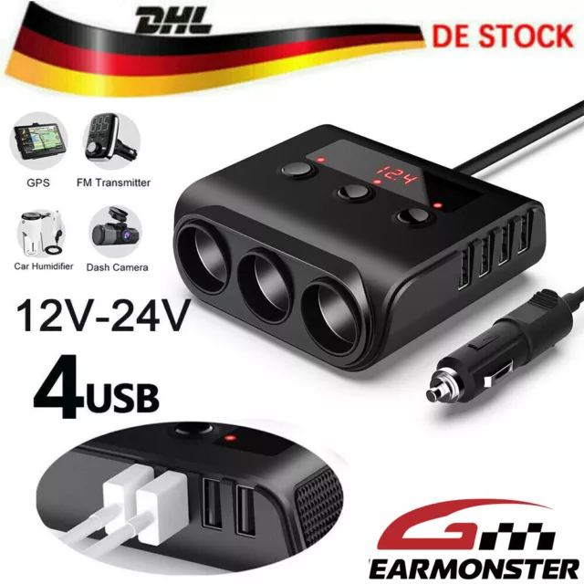 12V/24V KFZ Adapter Steckdose 3 Fach Auto Zigarettenanzünder Verteiler mit 4 USB