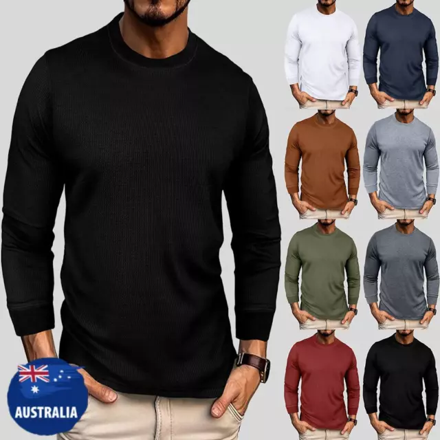 Mens Long Sleeve Waffle T-Shirt Tops Blouse Slim Fit Casual Loose Tee Pullover