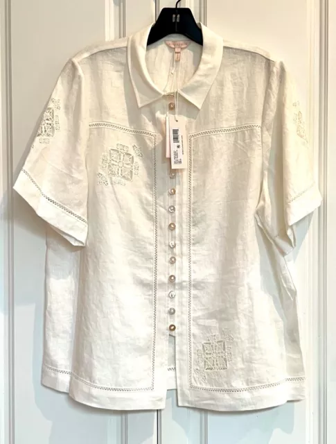 NWT Rebecca Taylor sz Large off-white short sleeve linen crochet cut-out blouse