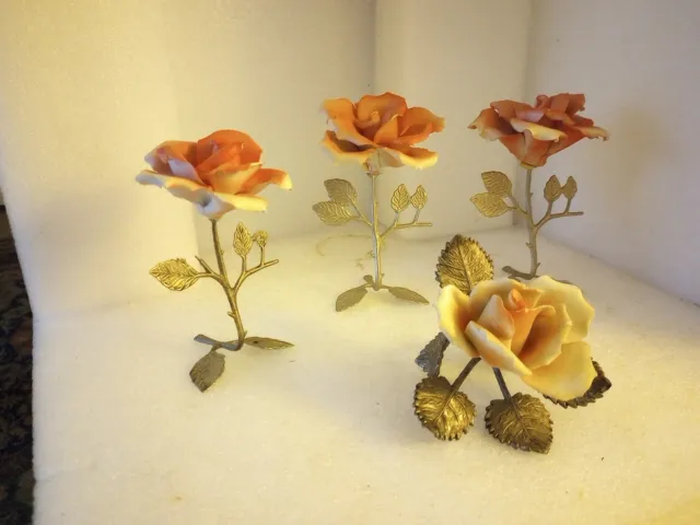 Lot Of 4 Capodimonte Porcelain Roses with Metal silvertone Stems - Made in Italy