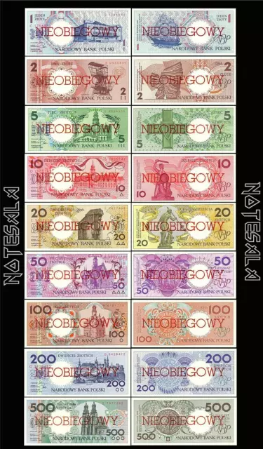 POLAND SET 9 Pcs 1,2,5,10,20,50,100,200,500 złotych 1990 P164a-172 CANCELLED UNC