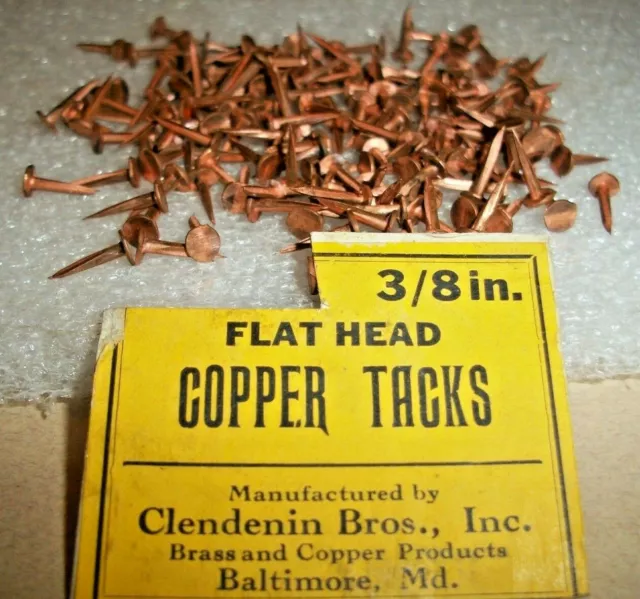 120--VINTAGE 3/8” LONG SOLID COPPER TACKS sharp point's 11/64” WIDE HEAD, NOS #3
