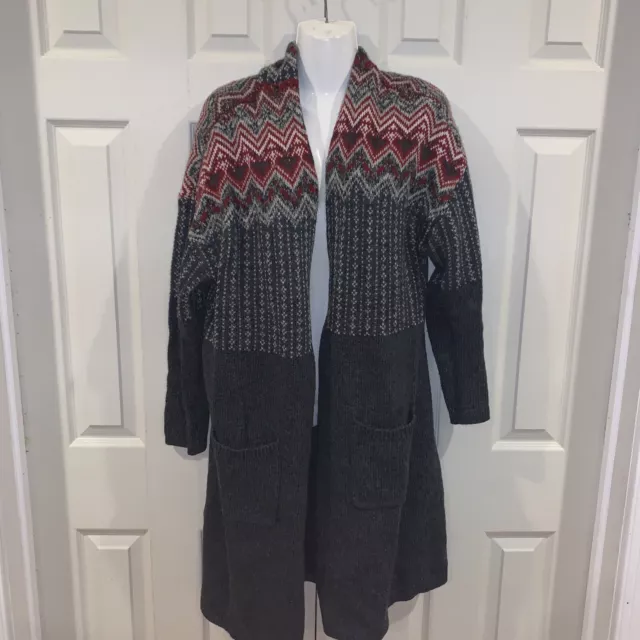 J Jill Newbury Long Cardi Sweater Coat Sz L Topper Wool  Open Front FairIsle