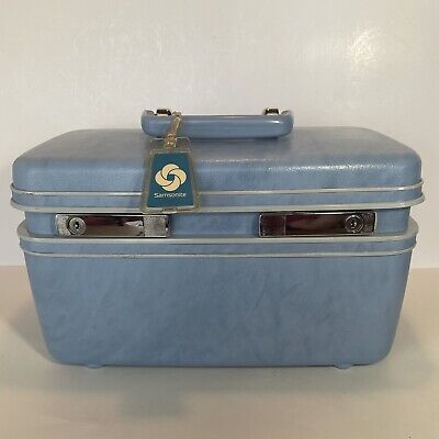 VTG Samsonite Train Case Suitcase BABY BLUE Mottled finish 15x9x7 Makeup Tray