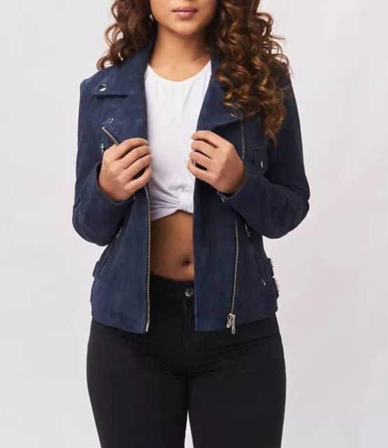 CLASSIC New Women's Navy Blue Suede Jacket 100% Soft Sheepskin Moto Biker Jacket