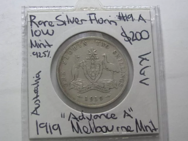 1919 Silver Florin Rare Low Key Date mintage Australia KGV Silver 92.5% #19.A