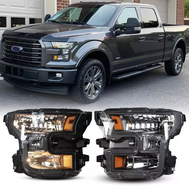 For 2015-2017 Ford F-150 F150 Black Smoke Projector Headlights Headlamps Pair